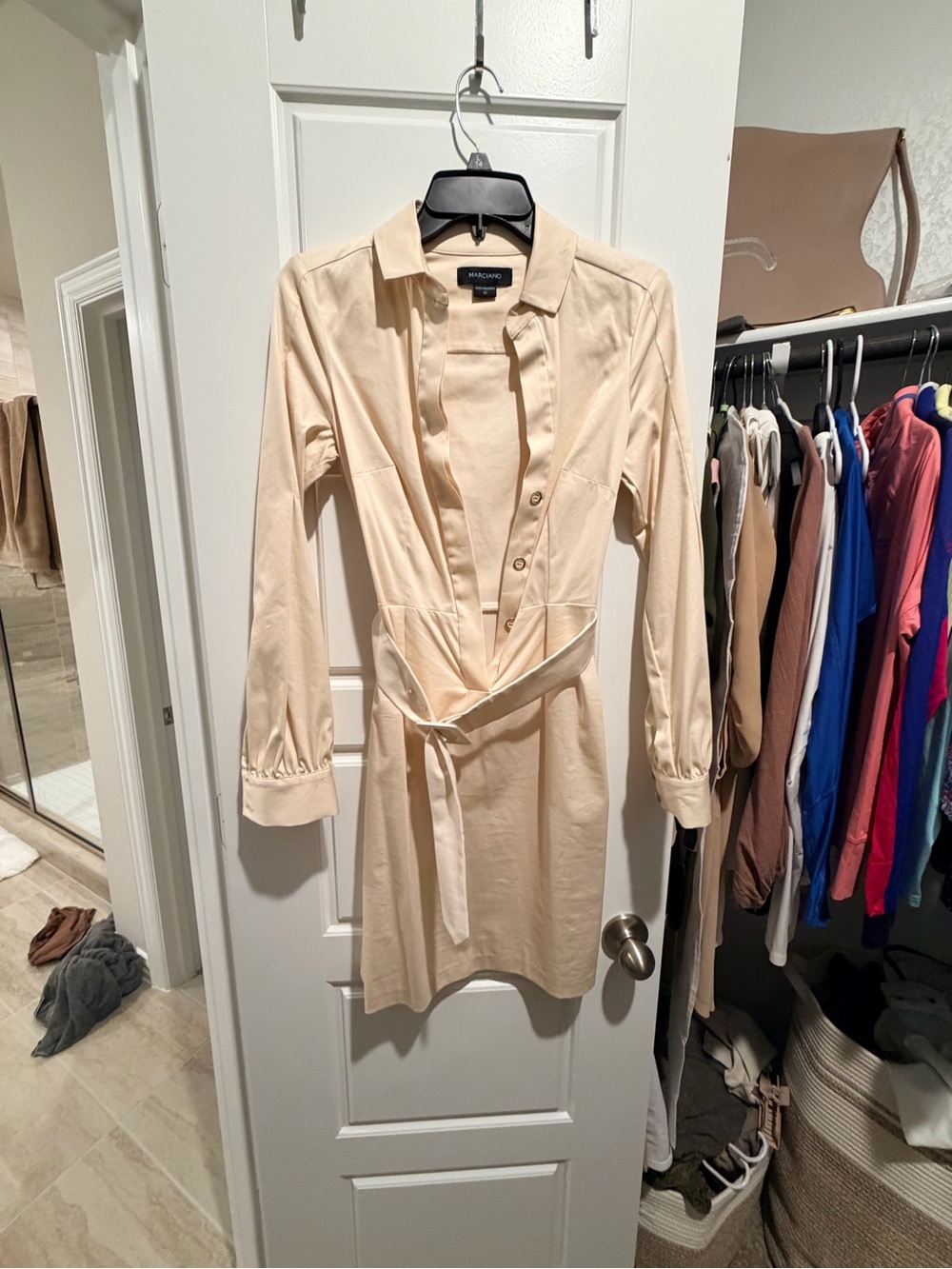 NWOT - Marciano Cream Long-Sleeve Shirt Dress with belted Waist